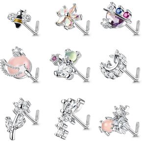 FIASASO 9Pcs 20G Surgical Steel Nose Studs for Women Flower Bee Moon Cubic Zirconia Nose Piercing Jewelry L Shaped Nose Rings in Saudi Arabia