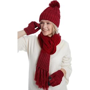 Womens Cable Knit Beanie Hat Scarf Glove Set, Fleece Lined Winter Hats Touchscreen Gloves Matching Long Scarfs for Women