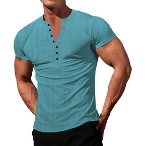LOGEEYAR Mens Knit Stretch Henley Shirt Workout Slim Fit Short Sleeve Tees Athletic Muscle Casual T-Shirt