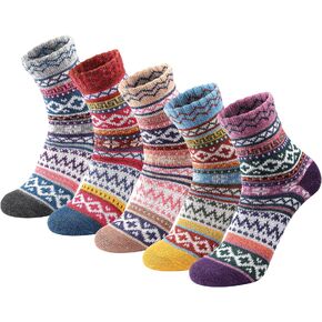 5 Pairs Wool Socks - Wool Socks for Women, Cozy Crew Socks, Warm Winter Socks for Women, Womens Vintage Socks, 6-10