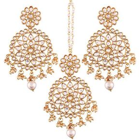 Aheli Ethnic Faux Kundan Drop Pearl Beads Dangle Earrings Maang Tikka Set Bollyood Fashion Jewelry for Women & Girls