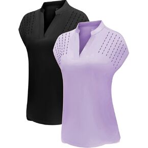 DOTIN Womens 2 Pack Golf Polo Shirts Short Sleeve V Neck Collared Quick Dry Tennis Sports Shirts Workout Tops