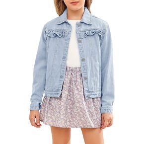 Xineppu Girl Buttons Jean Jacket Denim Pockets Basic Spring Outwear 5-14 Years Old