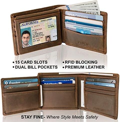محفظة STAY FINE للرجال ثلاثية الطي بتقنية RFID | محافظ جلدية للرجال حجب RFID | جلد طبيعي | محفظة رجالي ذات سعة إضافية in Kuwait
