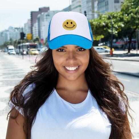 Lycycse المرأة قبعة سائق الشاحنة شبكة النيون Preppy القبعات مع الترتر ابتسامة التصحيح Y2K قبعة قبعة بيسبول الرجعية in Kuwait