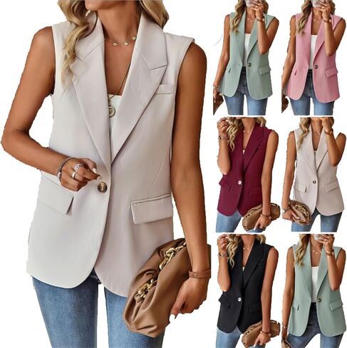 Women's Sleeveless Blazer Vest Open Front Lapel Office Casual Jacket Fashion Solid Color with Pockets One Button 2023 in Saudi Arabia