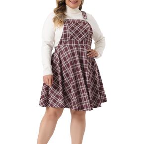 Agnes Orinda Women's Plus Size 2023 Casual Plaid Printed Overall Pinafore Dress Swing Adjustable Straps Dresses