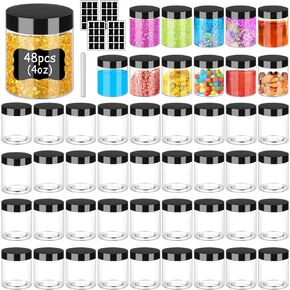 Plastic Jars with Lids 4OZ 48PCS,Small Cosmetic Slime Containers Clear Travel Round Jars Empty Refillable Sample Containers Leak Proof Pot Jars with Black Lids for Lotion, Cream, Cosmetics, Sugar Scrub, Body Butters,Makeup & Beauty Products