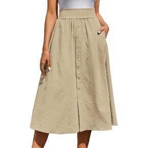 Kate Kasin Women's High Waist Midi Skirt Vintage Elastic A-Line Pleated Button Skirts with Pockets