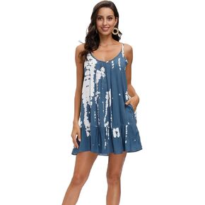 COLOWANA Women's Spaghetti Strap Mini Dress V Neck Boho Floral Printed Casual Summer Beach Short Sundress with Pockets in Saudi Arabia