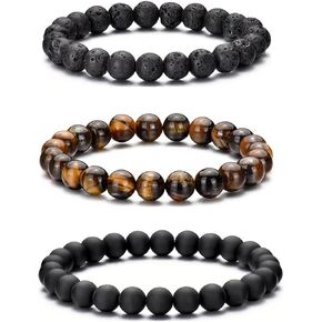 Hipwope 3-4Pcs Men Beaded Bracelet Set - Elastic 8mm Beaded Tigers Eye Bracelets for Men Women Gift