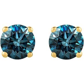 Blue - I1 Round Brilliant Cut Diamond Earring Studs in 14K Gold