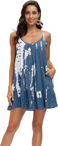 COLOWANA Women's Spaghetti Strap Mini Dress V Neck Boho Floral Printed Casual Summer Beach Short Sundress with Pockets in Kuwait