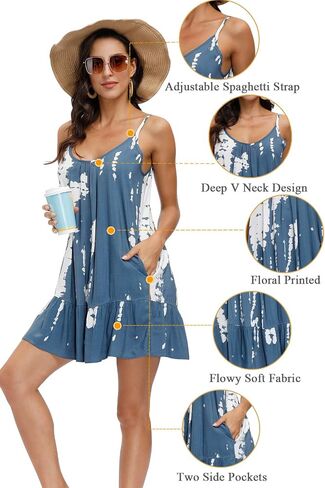 COLOWANA Women's Spaghetti Strap Mini Dress V Neck Boho Floral Printed Casual Summer Beach Short Sundress with Pockets in Kuwait