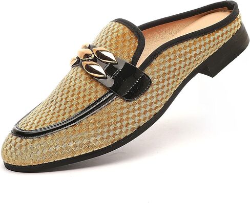 XQWFH Men's Slip-on Mule Sandals Loafer with Gold Buckle,Fashion Leather Formal Wear Casual Backless Dress Slippers in Saudi Arabia