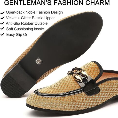 XQWFH Men's Slip-on Mule Sandals Loafer with Gold Buckle,Fashion Leather Formal Wear Casual Backless Dress Slippers in Saudi Arabia
