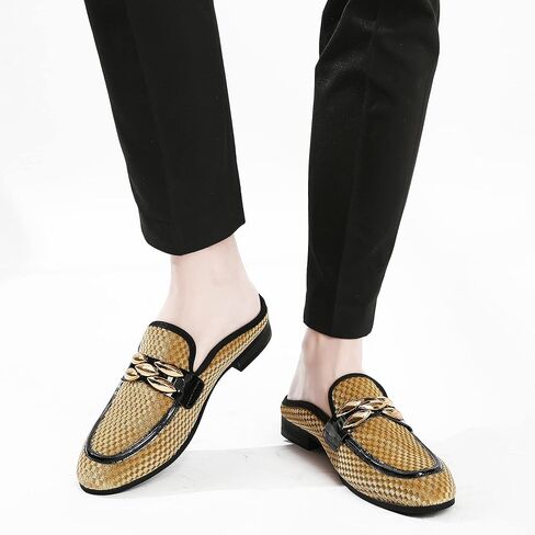 XQWFH Men's Slip-on Mule Sandals Loafer with Gold Buckle,Fashion Leather Formal Wear Casual Backless Dress Slippers in Saudi Arabia