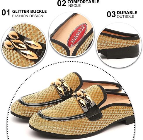 XQWFH Men's Slip-on Mule Sandals Loafer with Gold Buckle,Fashion Leather Formal Wear Casual Backless Dress Slippers in Saudi Arabia