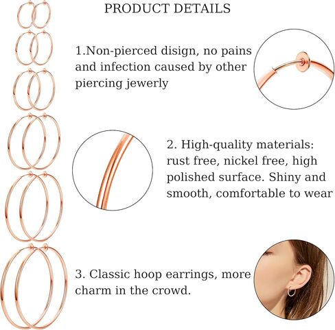 HAIAISO 6 Pairs Clip On Hoop Earrings for Women Fake Hoop Earrings Spring Hoop Earrings Set for Non-Pierced Ears Jewelry 6 Sizes in Kuwait