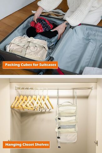 ELEZAY Hanging Packing Cubes with Compression Capability Portable 4-Shelf Closet for Travel Collapsible Space Saver Bag Clothes Organizer for Carry-on Luggage Suitcase Small_18*9 * 7 IN, Lightgrey in Kuwait