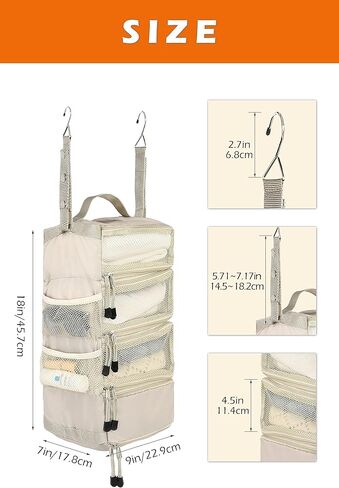 ELEZAY Hanging Packing Cubes with Compression Capability Portable 4-Shelf Closet for Travel Collapsible Space Saver Bag Clothes Organizer for Carry-on Luggage Suitcase Small_18*9 * 7 IN, Lightgrey in Kuwait