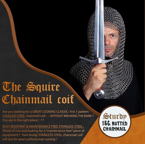 Mythrojan Chainmail Coif فارس العصور الوسطى عصر النهضة درع سلسلة البريد هود فايكنغ LARP 16 مقياس in Kuwait