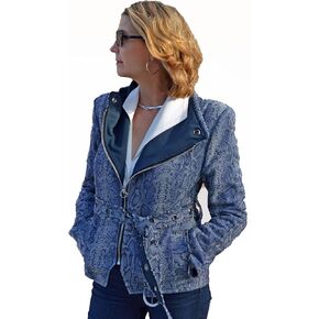 Katy Lee Couture Animal Print Snakeskin Zip Front Fitted Jacket with Grommet Hole Belt and Pockets Denim Blue in Kuwait