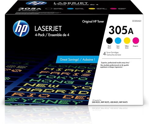 Original HP 305A Black, Cyan, Magenta, Yellow Toner Cartridges (4-pack) | Works with LaserJet Pro 300 M351, LaserJet Pro 300 MFP M375, LaserJet Pro 400 M451, LaserJet Pro 400 MFP M475 | CE305AQ1 in Saudi Arabia