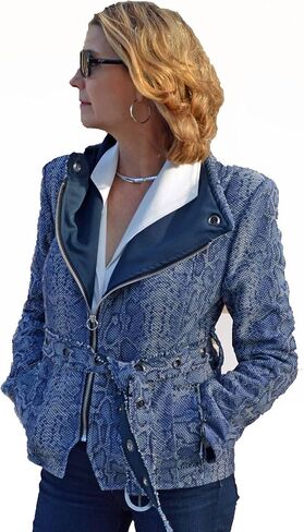 Katy Lee Couture Animal Print Snakeskin Zip Front Fitted Jacket with Grommet Hole Belt and Pockets Denim Blue in Kuwait