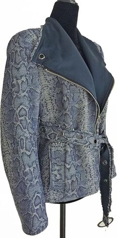 Katy Lee Couture Animal Print Snakeskin Zip Front Fitted Jacket with Grommet Hole Belt and Pockets Denim Blue in Kuwait