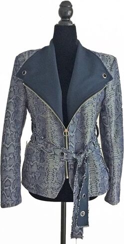 Katy Lee Couture Animal Print Snakeskin Zip Front Fitted Jacket with Grommet Hole Belt and Pockets Denim Blue in Kuwait