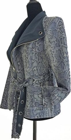 Katy Lee Couture Animal Print Snakeskin Zip Front Fitted Jacket with Grommet Hole Belt and Pockets Denim Blue in Kuwait