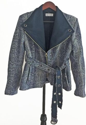 Katy Lee Couture Animal Print Snakeskin Zip Front Fitted Jacket with Grommet Hole Belt and Pockets Denim Blue in Kuwait