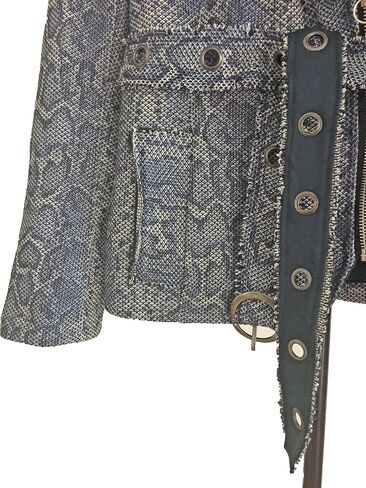 Katy Lee Couture Animal Print Snakeskin Zip Front Fitted Jacket with Grommet Hole Belt and Pockets Denim Blue in Kuwait