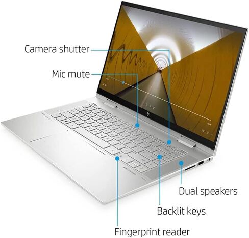 2022 HP Envy X360 2-in-1 15.6" FHD Touchscreen Laptop, Intel Core i7-1195G7, 32GB RAM, 1TB PCIe SSD, Backlit Keyboard, Intel Iris Xe Graphics, HD Webcam, B&O Audio, Win 11, Silver, 32GB USB Card in Kuwait