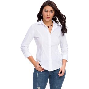 Womens Button Down Shirts Official Formal 3/4 Sleeve White Stretch Blouse Summer Dress Shirt in Saudi Arabia