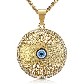 CZ Fully 3D Blue Evil Eye Beads Fatima Hamsa Hand Egyptian Protection Pendant Stainless Steel Necklace, 24 Inch Chain Eye of Horus On Tree Of Life Egyptian Jewelry Gift