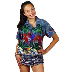 V.H.O. Funky Hawaiian Blouse Women Short-Sleeve Front-Pocket Surf Parrot Multiple Colors
