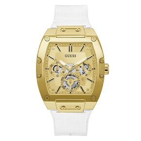 GUESS Men's Trend Multifunction Tonneau 43mm Watch – Gold-Tone Dial & Stainless Steel Case with White Silicone Strap