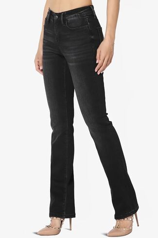 TheMogan 24~38 Vintage Washed Black Stretch Denim Mid Rise Straight Leg Jeans in Kuwait