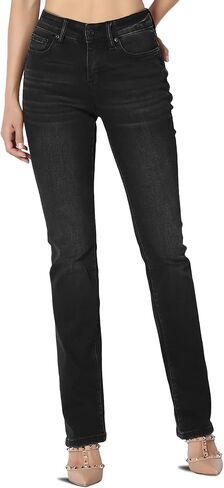 TheMogan 24~38 Vintage Washed Black Stretch Denim Mid Rise Straight Leg Jeans in Kuwait