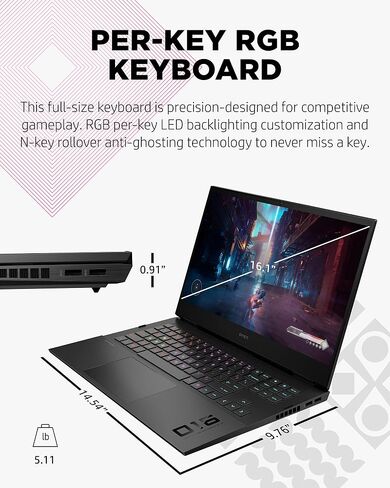 OMEN من HP Laptop 16، NVIDIA GeForce RTX 3070، الجيل الثاني عشر Intel Core i7-12700H، ذاكرة الوصول العشوائي 16 جيجابايت، 512 جيجابايت SSD، شاشة Quad HD IPS، Windows 11 Home، لوحة مفاتيح بإضاءة خلفية RGB، درجات حرارة محسنة (16-b1020nr، 2022) in Saudi Arabia