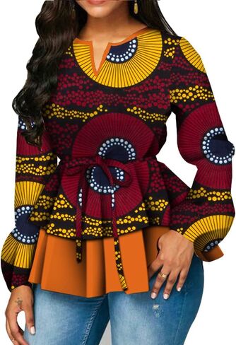 BAZINRICHE Women African Print Long Sleeves Top Shirt Dashiki V Collar Shirts Ankara Clothing with Belt in Kuwait