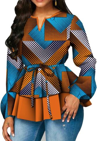 BAZINRICHE Women African Print Long Sleeves Top Shirt Dashiki V Collar Shirts Ankara Clothing with Belt in Kuwait