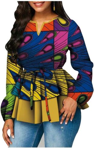 BAZINRICHE Women African Print Long Sleeves Top Shirt Dashiki V Collar Shirts Ankara Clothing with Belt in Kuwait