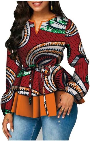 BAZINRICHE Women African Print Long Sleeves Top Shirt Dashiki V Collar Shirts Ankara Clothing with Belt in Kuwait