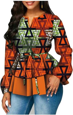 BAZINRICHE Women African Print Long Sleeves Top Shirt Dashiki V Collar Shirts Ankara Clothing with Belt in Kuwait