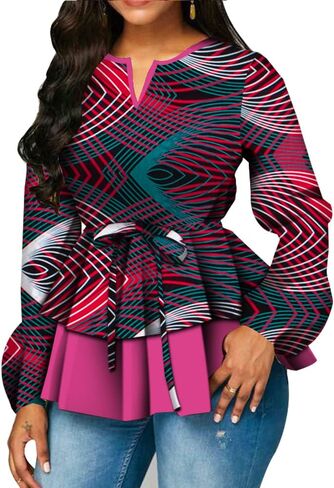 BAZINRICHE Women African Print Long Sleeves Top Shirt Dashiki V Collar Shirts Ankara Clothing with Belt in Kuwait
