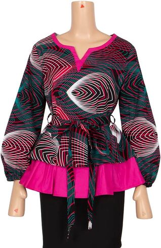 BAZINRICHE Women African Print Long Sleeves Top Shirt Dashiki V Collar Shirts Ankara Clothing with Belt in Kuwait