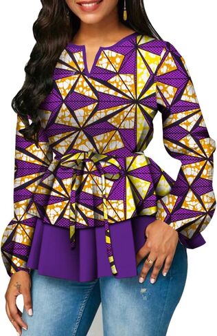 BAZINRICHE Women African Print Long Sleeves Top Shirt Dashiki V Collar Shirts Ankara Clothing with Belt in Kuwait